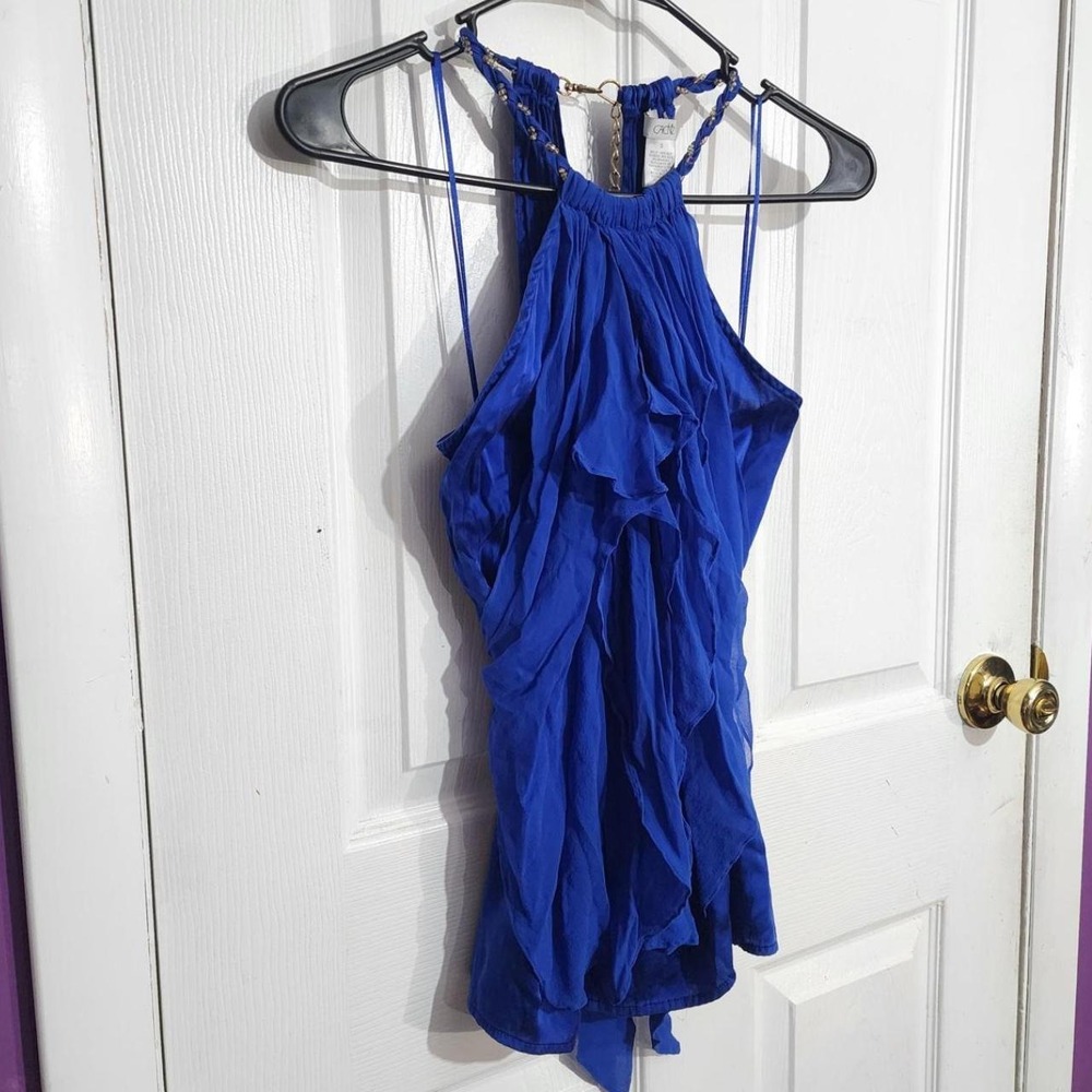 Y2K Blue Silk Ruffle Halter Top - Picture 2 of 6